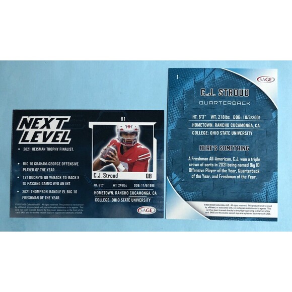 C.J. Stroud 2023 Sage Draft Low Series 2 cards, Base+ Next Level Ohio State - Picture 2 of 2